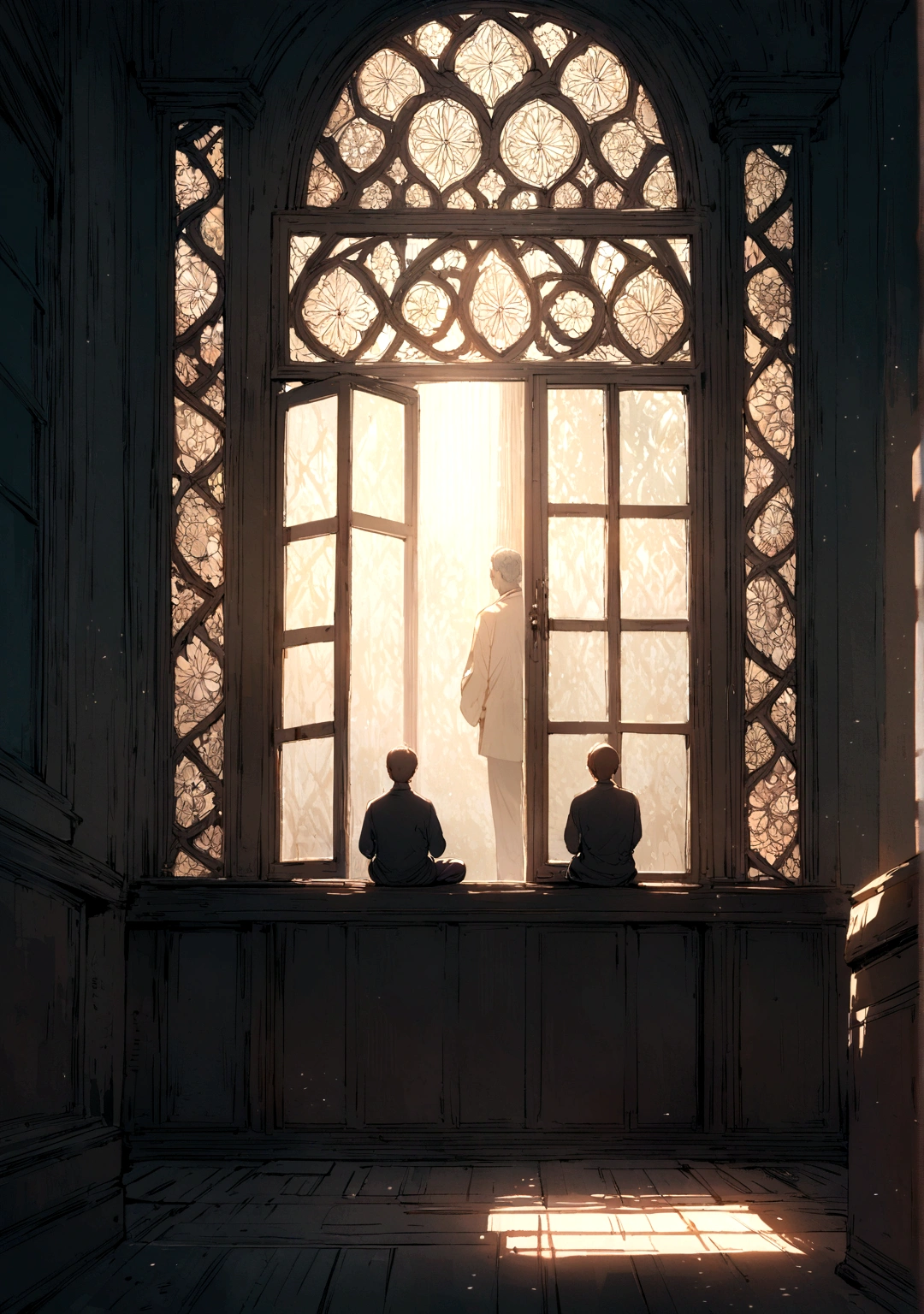 image of empty room, with light rays coming in from the big window, and a man sitting in the centre of the room looking through the window