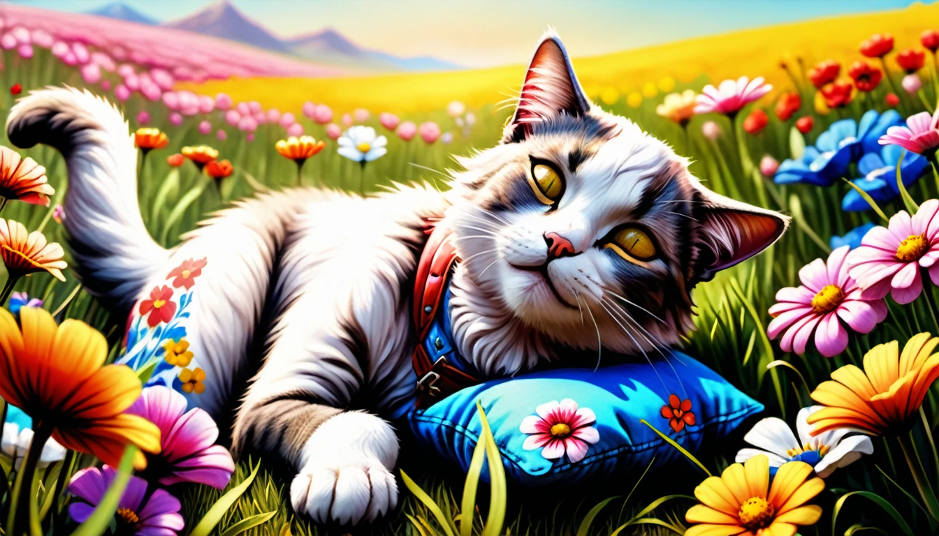 (photo cinematic), anthropomorphic,
cute cat, in casual clothing, napped in a bright flower field, lying on colorful flowers and soft grass with a small pillow, eyes closed, and a peaceful expression.,
2D, colorful, warm atmosphere, shiny, Jean-Baptiste Monge style, Alan Lee style