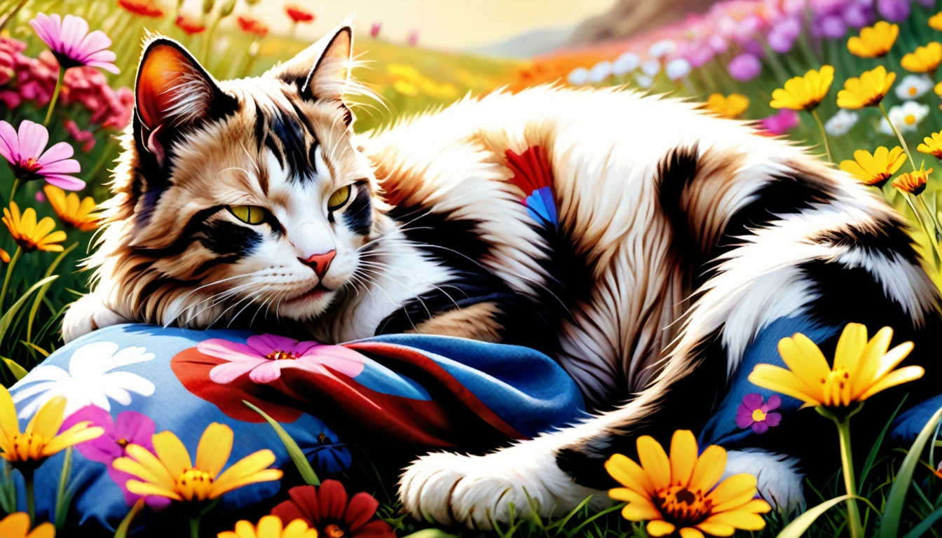 (photo cinematic), anthropomorphic,
cute cat, in casual clothing, napped in a bright flower field, lying on colorful flowers and soft grass with a small pillow, eyes closed, and a peaceful expression.,
2D, colorful, warm atmosphere, shiny, Jean-Baptiste Monge style, Alan Lee style