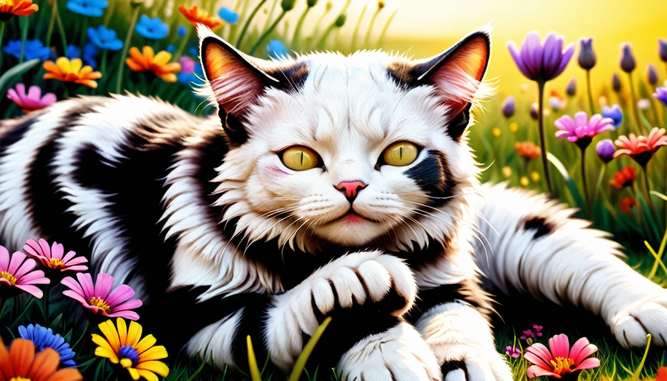 (photo cinematic), anthropomorphic,
cute cat, in casual clothing, napped in a bright flower field, lying on colorful flowers and soft grass with a small pillow, eyes closed, and a peaceful expression.,
2D, colorful, warm atmosphere, shiny, Jean-Baptiste Monge style, Alan Lee style