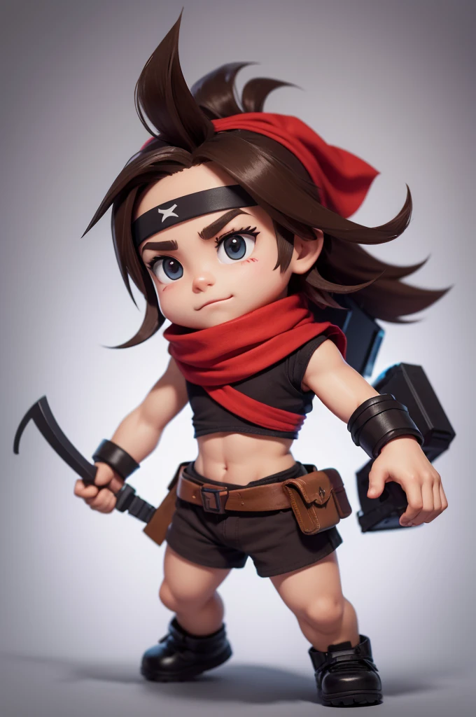 Uma skin de minicraft, cartoon with a red bandana, and with a dark brown tuft on the left side of the bandana, the dark brown eye