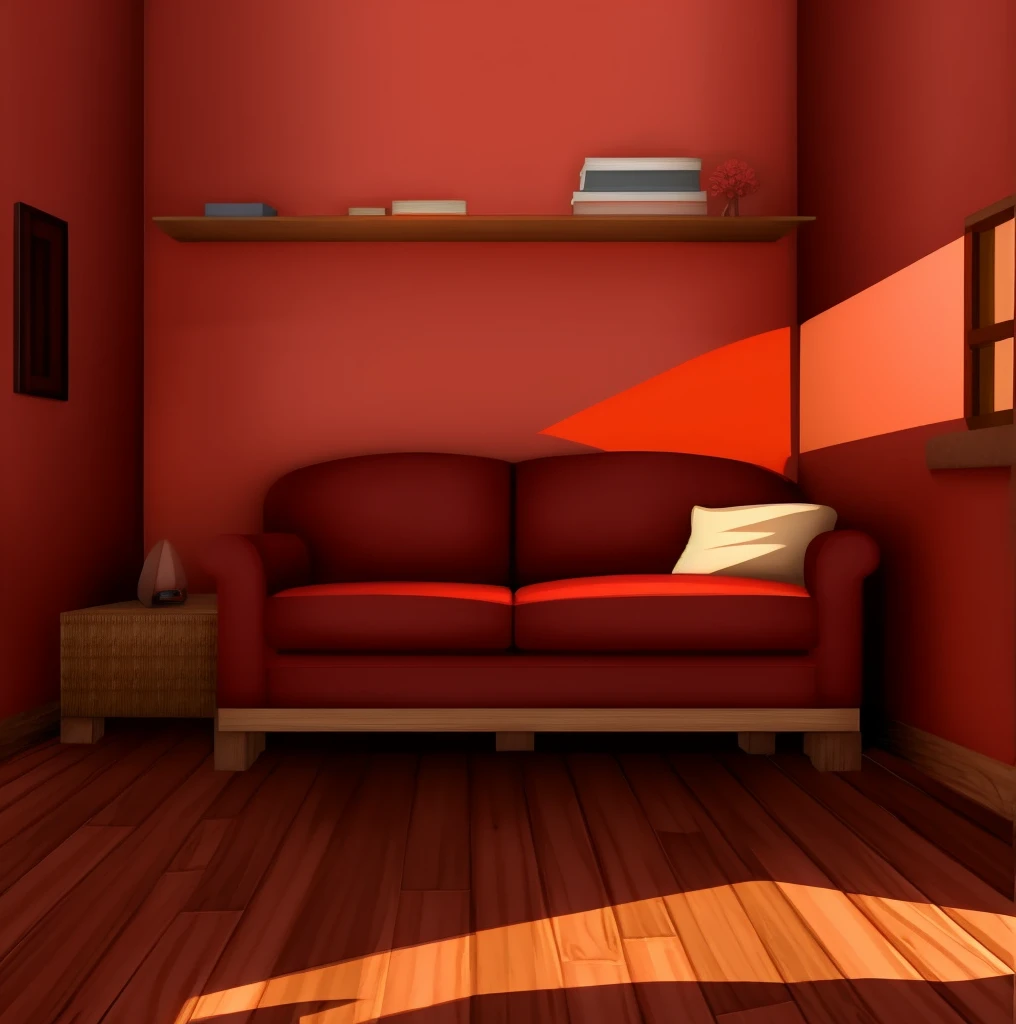 Room, red walls, wooden floors, red couch, couch against right wall, table against left wall, table, no windows, cuffs on table