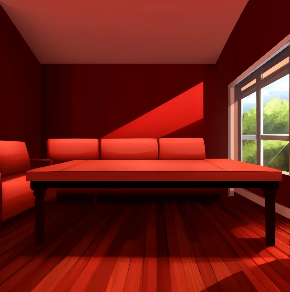 Room, red walls, wooden floors, red couch, couch against right wall, table against left wall, table, no windows, cuffs on table