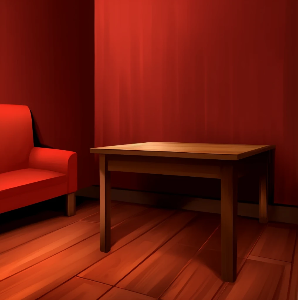 Room, red walls, wooden floors, red couch, couch against right wall, table against left wall, table, no windows, cuffs on table
