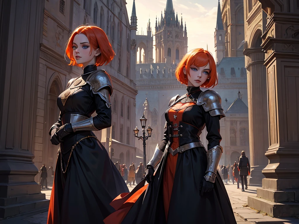 A beautiful and wonderful vampire woman, extremely detailed, short orange hair, wearing extremely detailed gothic armor, blue eyes in medieval public square, palace, crepúsculo, 8k, linda, sacerdotisa, crepúsculo, entardecer, vampira.