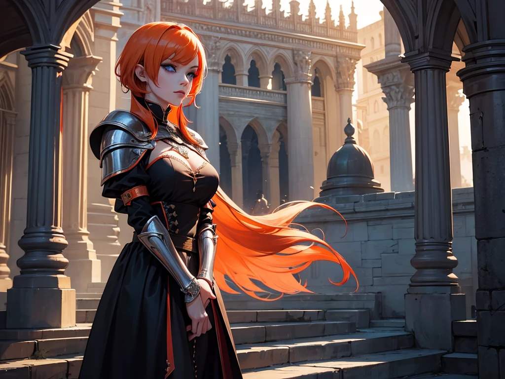 A beautiful and wonderful vampire woman, extremely detailed, short orange hair, wearing extremely detailed gothic armor, blue eyes in medieval public square, palace, crepúsculo, 8k, linda, sacerdotisa, crepúsculo, entardecer, vampira.