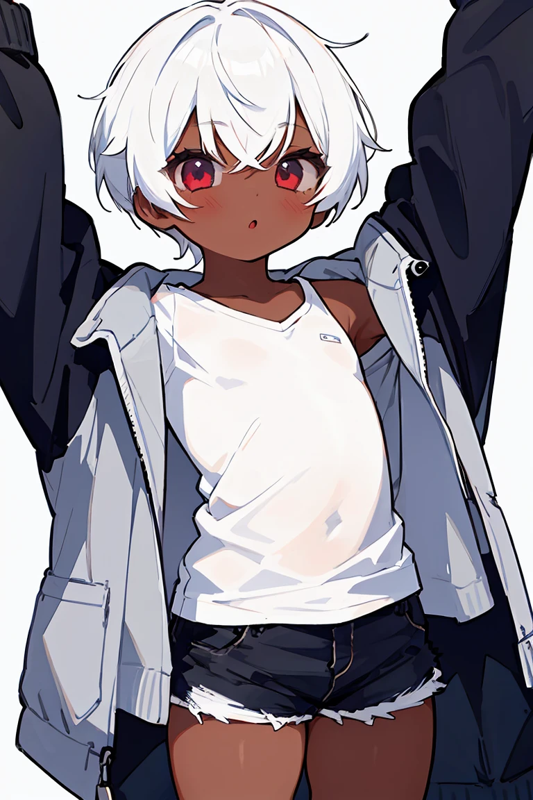 1girl, tomboy, short girl, pixie cut, dark skin female, flat chest, shirt, jacket, shorts, white hair