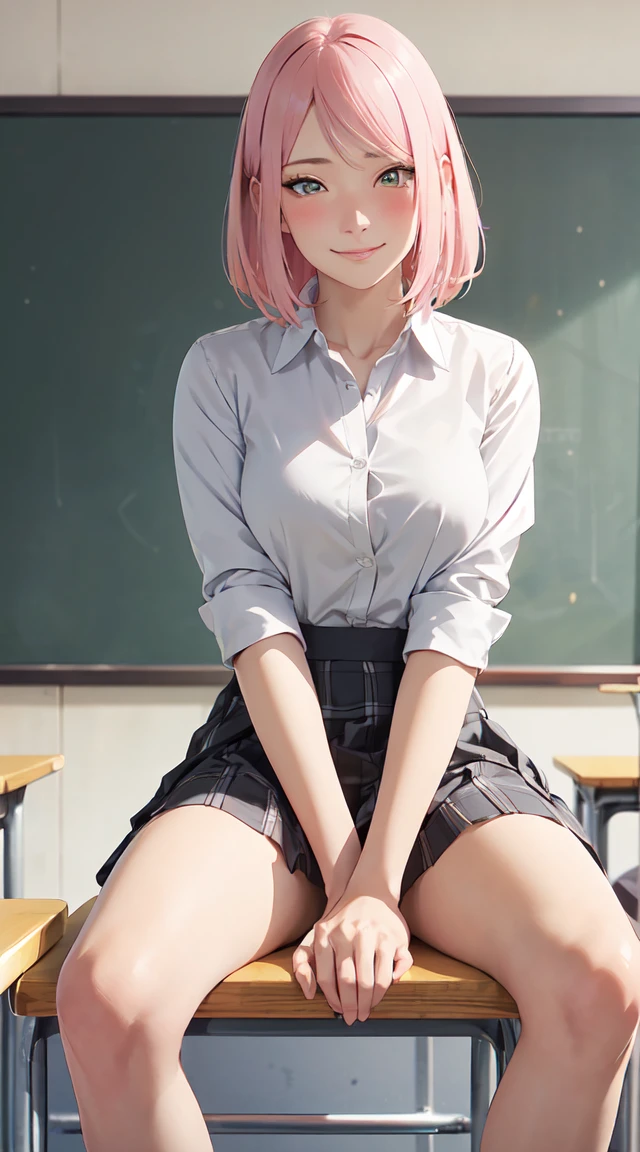 table top, highest quality, High resolution, perfect pixel, 4k, , 1 girl, single, alone, beautiful woman、I could see the whole body、 short wavy hair, bangs, white hair, red eyes, beautiful eyelashes, realistic eyes, ((detailed face, blush:1.2)), ((smooth texture:0.75, realistic texture:0.65, realistic:1.1, Anime CG style)), medium breasts, dynamic angle, perfect body, ((school uniform, white shirt, black skirt, unbuttoned shirt、plaid skirt、white socks)), classroom without people、sit at desk、..、evening、Very embarrassing panic smile、(lift the skirt with your right hand、open your legs、open your knees wide, puusy , pussy line, pussy)、(pink lace bra)、angle from below,
