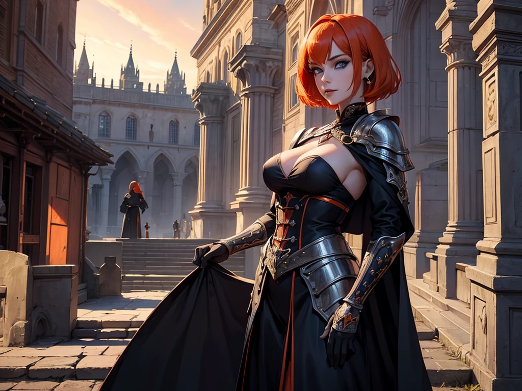 A beautiful and wonderful vampire woman, extremely detailed, short orange hair, wearing extremely detailed gothic armor, blue eyes in medieval public square, palace, crepúsculo, 8k, linda, sacerdotisa, crepúsculo, entardecer, vampira.