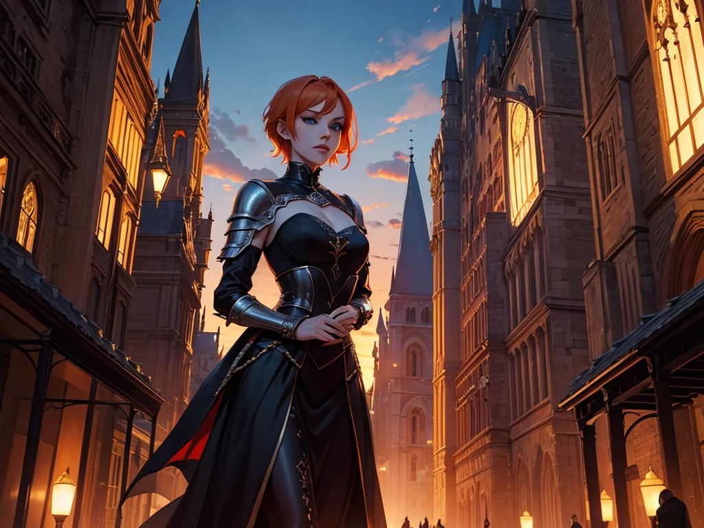 A beautiful and wonderful vampire woman, extremely detailed, short orange hair, wearing extremely detailed gothic armor, blue eyes in medieval public square, palace, crepúsculo, 8k, linda, sacerdotisa, crepúsculo, entardecer, vampira.