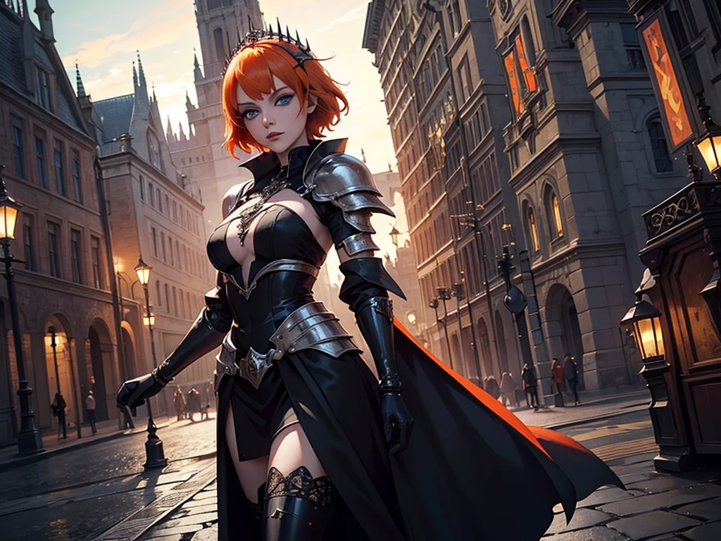 A beautiful and wonderful vampire woman, extremely detailed, short orange hair, wearing extremely detailed gothic armor, blue eyes in medieval public square, palace, crepúsculo, 8k, linda, sacerdotisa, crepúsculo, entardecer, vampira.