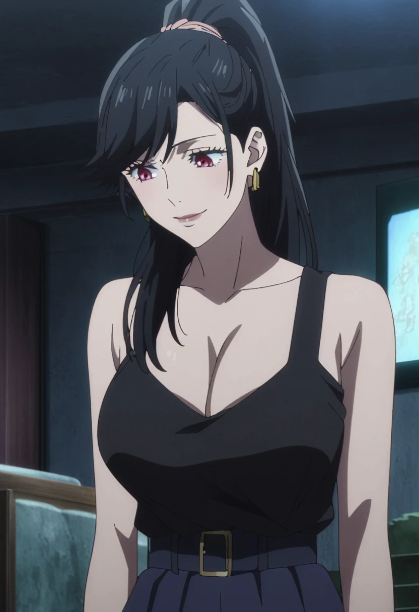 1girl, female gojo satoru, anime screencap from jujutsu kaisen, gojo satoru female version, solo, long_hair, Red eyes ((Black_hair, swept bangs)), night view, (hanging breasts) upper_body, smile, indoors, book, red_eyes, lips, (high ponytail) ((wearing casual outfit)) breast, "very detailed and high resolution" (Red eyes) ((long hair)) ((solo)) (front view) (earings) ((high resolution)) ((good quality)) ((swept bangs)) ((full body)) ((she is looking down)) cleavage 