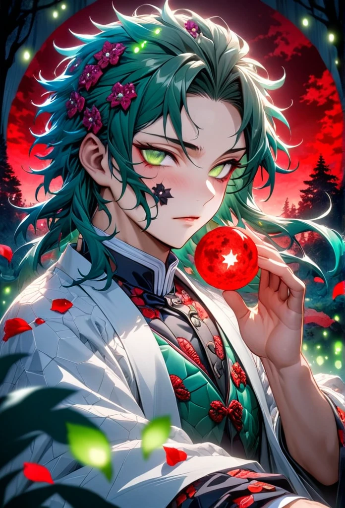 Ultra detailed, highres, absurdres, HDR, master piece, Saisei uchida, dark green hair, expressive golden eyes with white small pupil, white haori with patters of demonic, black kimuno with dark flower patterns, Kimetsu No Yaiba, fantasy, petals, red flowers, handsome, sexy man using blood demon art, solo, magic, shining blue and green fireflies, red moon, best quality, extremely detailed face and eyes, spirit, forest, four dark yellow petals attached to his hair
Waiting to start