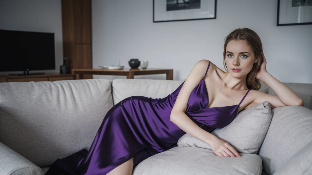 an icelandic woman with beautiful Delicate eyes, Beautiful and delicate lips, Extremely detailed face and skin, Pale skin, 23 years old,Wearing a purple dress, medium long shot, Sitting on the sofa in the living room, natural posture, elegant,Beautiful light and shadow,night,panoramic view, (long legs), (full body portrait). Beautiful photography,Long eyelashes, Good anatomy , Practical skin texture, Delicate eyes, professional, 4K, Wide-angle lens, Optical Depth of Field, Kodak Vision Color, Perfectly proportioned body, Extremely detailed, ultra-photoPractical, Practical, Post-Processing, Maximum details, Roughness, real life, ultra -Practical, Photorealism, photography, 8K Ultra HD, photography