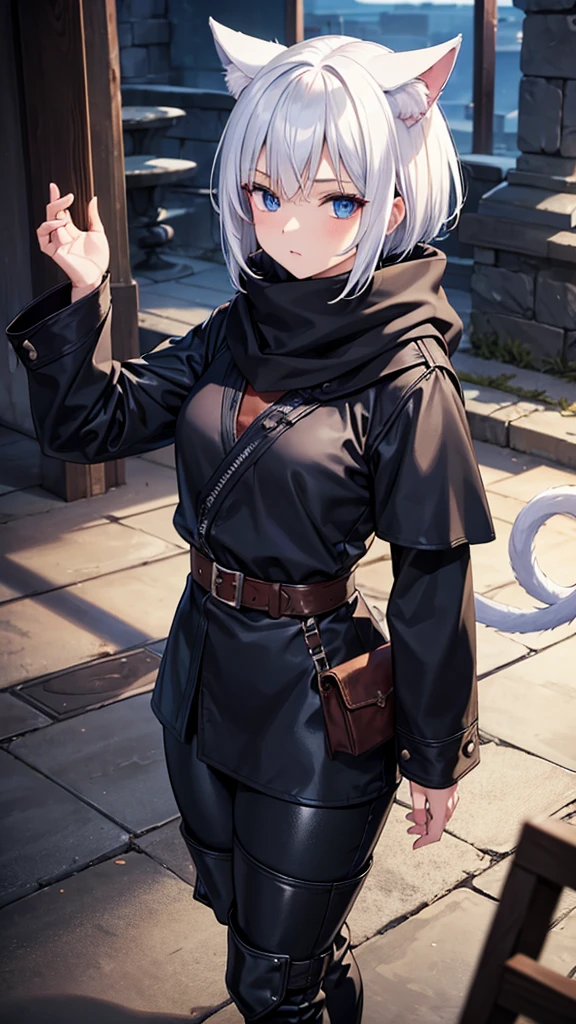 work of art, best qualityer, high resolution, 1 girl, synonym 1, scarf, short hair, mitts, ninja mask, long sleeves, leather pants, White hair, Cat's ears, cat tail, Rougue clothes, leather pants, holding, holding faca, bangs over one eye, bangs covering one eye, long bangs, blue eyes, 14 eyes old, hooded cloak, rogue rpg, rpg, ninja, ruins, medioval