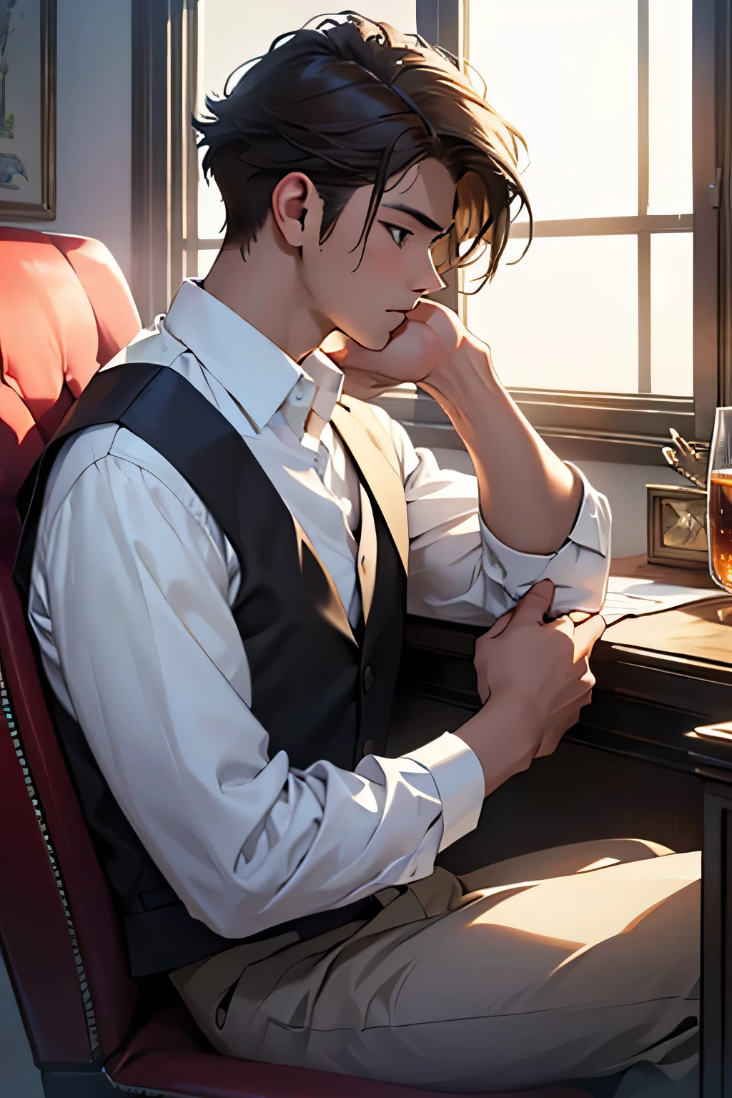 Masterpiece, (top quality), super high resolution, beautiful, visually stunning, elegant, stunning detail, award-winning art, boy studying, student, uniform, white shirt, handsome, 17 years old, window seat, side view, upper body, sitting in chair