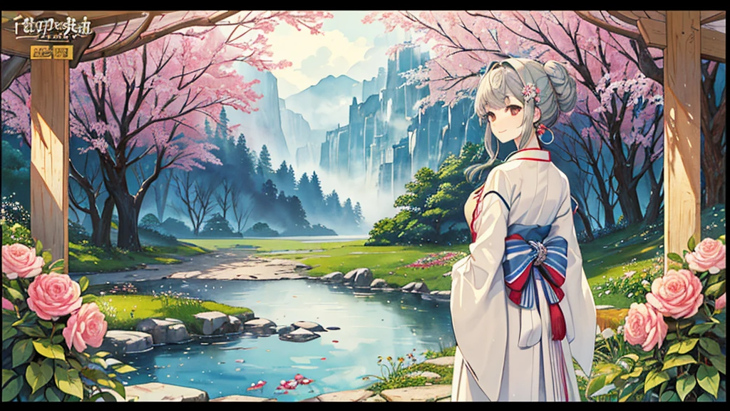 (​masterpiece、top-quality、top-quality、watercolor paiting(afrocentric)、Official Art、Beautifully Aesthetic:1.2)、(1girl in:1.3)、(Fractal art:1.3)、A beautiful woman in traditional Japanese attire, viewed from slightly behind, with a serene and gentle smile. She has a chignon updo hairstyle adorned with flowers and traditional hair accessories. The background features a mystical, foggy mountain landscape with soft sunlight filtering through the mist. The overall atmosphere is serene and captivating, emphasizing the beauty and elegance of the traditional attire and the peaceful natural setting.