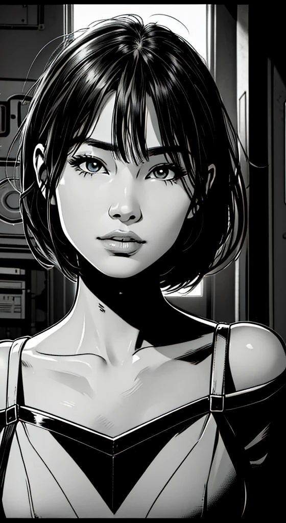 2d comic, ((flat color)),line art,grayscale, 比基尼, Light shines from the side., ภาพโทนbright, bright, daytime