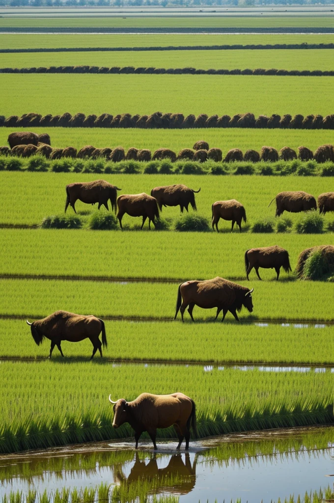 young cowboy picture buffalo farm In the rice field there were rice plants. and haystacks in nature