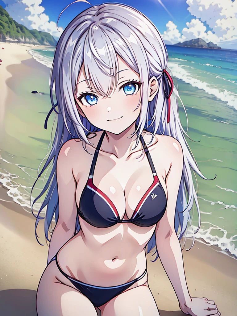 1girl, alya, white hair, long hair, hair ribbon, blue eyes, bikini,, in all four, smug face, beach, anime style