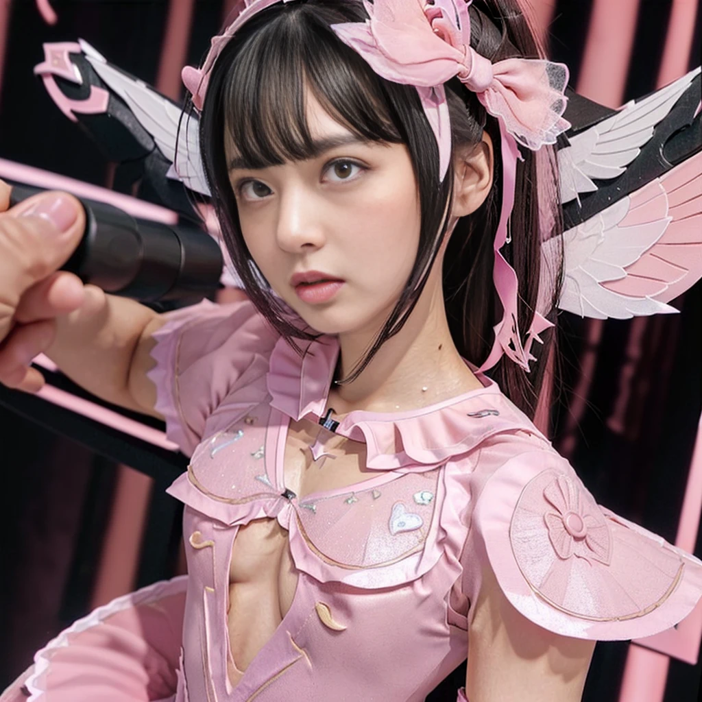 Highest quality, masterpiece, Very detailed, 8K, Beautiful 13 year old Japanese girl:1.5, Small face, blunt bangs, Black hair ponytail, ((Woman crucified on the cross:1.5, Breast Augmentation Surgery)), (Detailed pink magical girl heroine costume:1.5), remote_play, remote_Vibrate、 (climax:1.5)、 Sticking out tongue