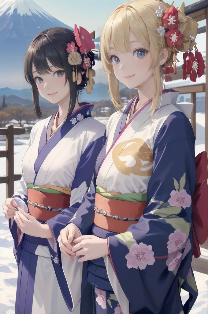 (Very delicate and beautiful:1.2)Supermodel,【Three Girls】,
Highest quality, High resolution, 8K, Sharp details, smile,
best quality, masterpiece, New Year,
(Kimono with strikingly beautiful colors:1.7),
Three Japanese high-school cute girls, looking straight,
gently smiling, white short scarf, white feather shawl,
(separately side by side:1.4),
(The image shows only the upper body:1.7),
shrine background, (mount Fuji:1.3),winter(season),(outdoors:1.5)