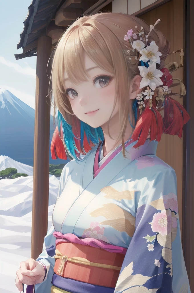 （Very delicate and beautiful：1.2）Supermodel,【Three Girls】,

Highest quality, High resolution, 8K, Sharp details, smile, 

best quality, masterpiece, New Year, 

(Kimono with strikingly beautiful colors:1.7), 

Three Japanese high-school cute girls, looking straight, 

gently smiling, white short scarf, white feather shawl, 

(separately side by side:1.4), 

(The image shows only the upper body:1.7),

 shrine background, (mount Fuji:1.3),winter(season),(outdoors:1.5)