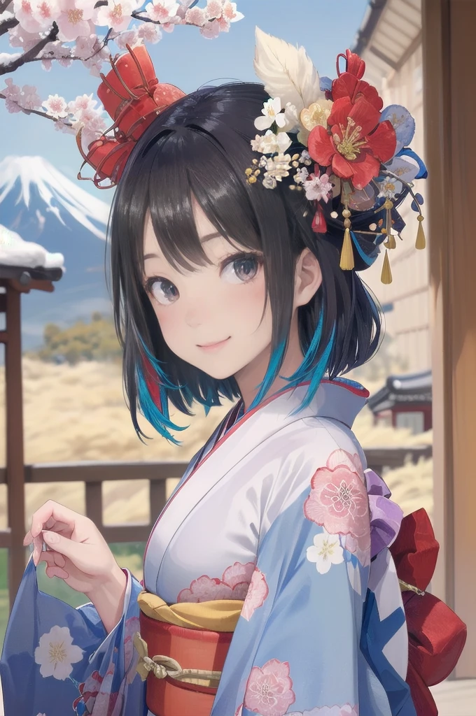 （Very delicate and beautiful：1.2）Supermodel,【Three Girls】,

Highest quality, High resolution, 8K, Sharp details, smile, 

best quality, masterpiece, New Year, 

(Kimono with strikingly beautiful colors:1.7), 

Three Japanese high-school cute girls, looking straight, 

gently smiling, white short scarf, white feather shawl, 

(separately side by side:1.4), 

(The image shows only the upper body:1.7),

 shrine background, (mount Fuji:1.3),winter(season),(outdoors:1.5)