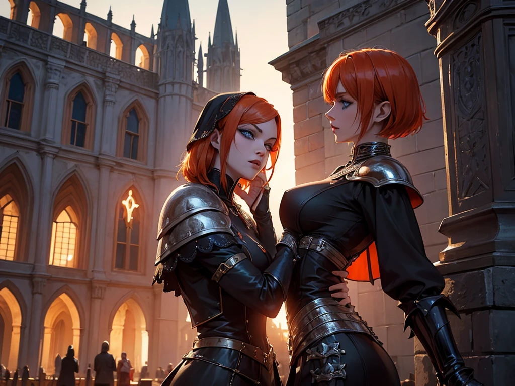 A beautiful and wonderful vampire woman, extremely detailed, short orange hair, wearing extremely detailed gothic armor, blue eyes in medieval public square, palace, crepúsculo, 8k, linda, sacerdotisa, crepúsculo, entardecer, vampira.