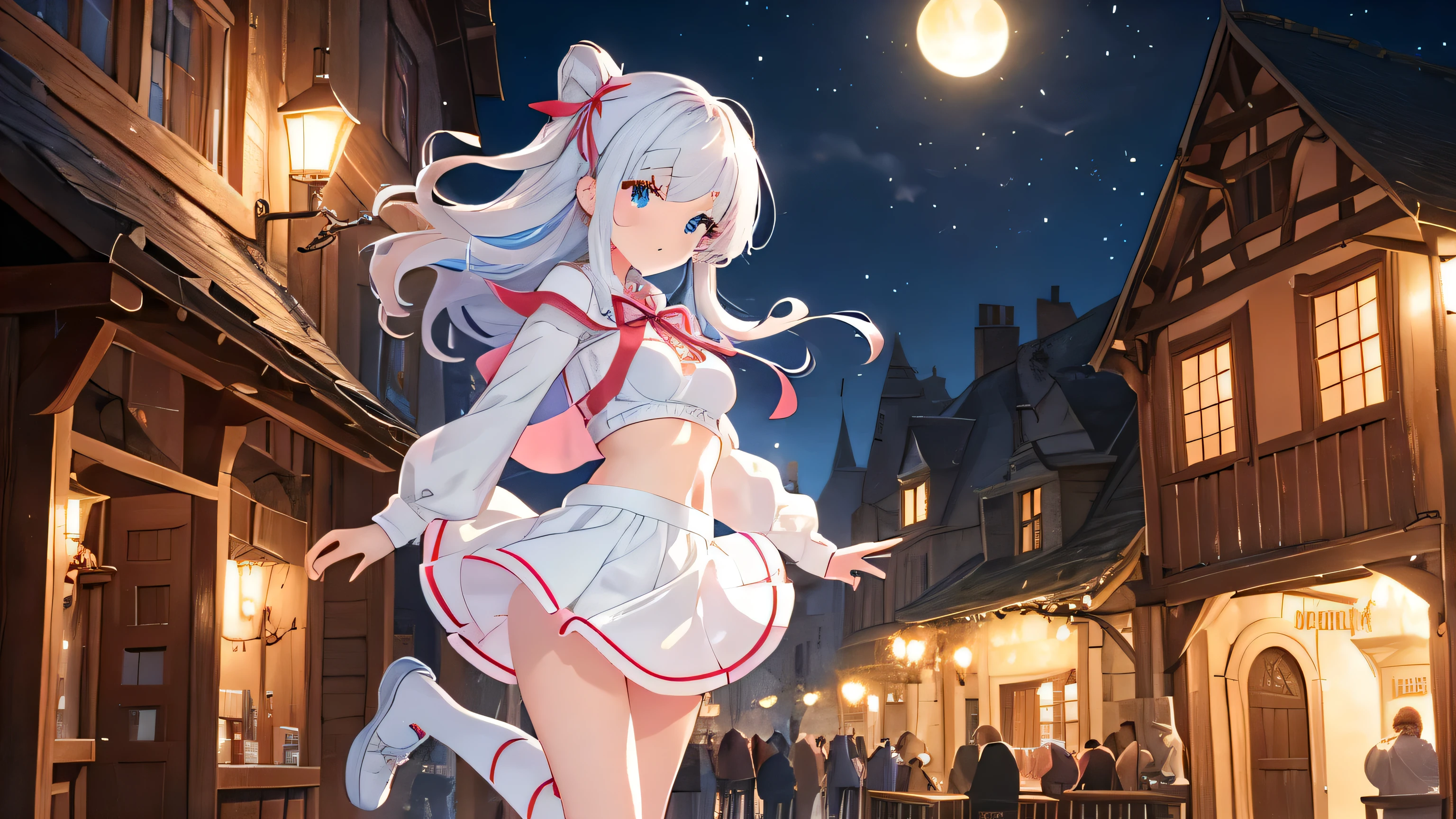 magical atmosphere, in a small Middle Ages type town, outside a tavern, jumping trying to catch a phosphorescent and radiant star, she wears a white sweatshirt with light pink details and underneath a red bra, a white mini skirt and has silver hair with a red ribbon, glowing blue-white eyes.