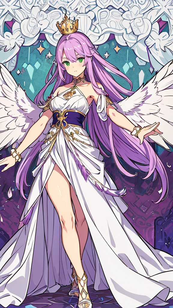 cabelo roxo (purple hair), Greek goddess, sculptural body, super detailed hand, super detailed face, hyper detailed body, No defects, (greeneyes), focused eyes, pretty detailed eyes, pale skin, blushed face, crown on head, long hair, slickedback hair, coiffure, expression of pleasure, fearless stance, partes do fully body, entire limbs, fully body, pink hair, gorgeous fur, high resolution, 4K, lined eyes. fully body, toned thighs, small feet, Waist slender, big-ass, long white dress, small foot, role model, best qualityer, legs open, Point of view, wings with feather