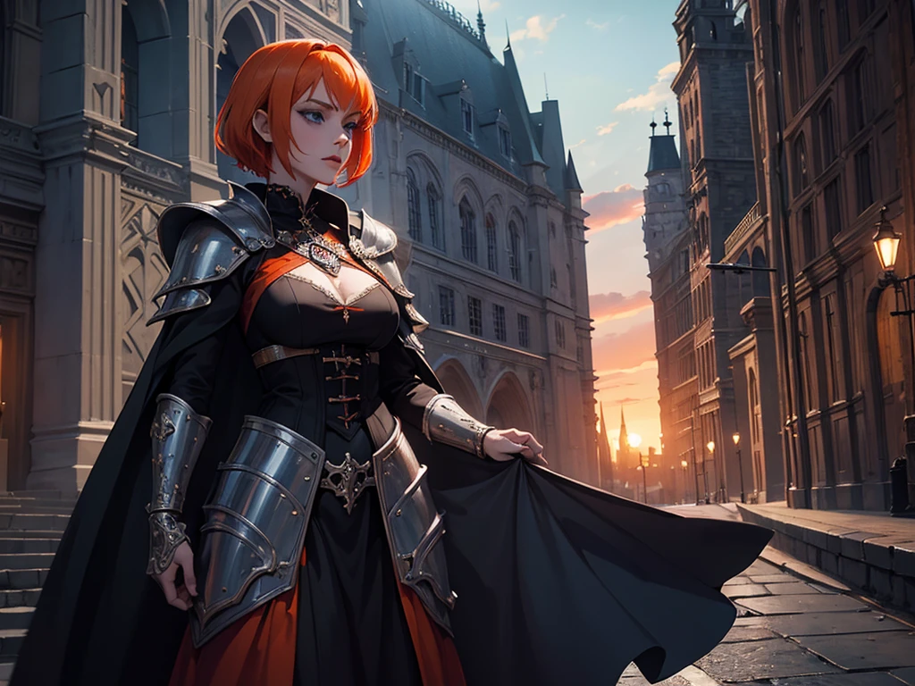 A beautiful and wonderful vampire woman, extremely detailed, short orange hair, wearing extremely detailed gothic armor, blue eyes in medieval public square, palace, crepúsculo, 8k, linda, sacerdotisa, crepúsculo, entardecer, vampira.