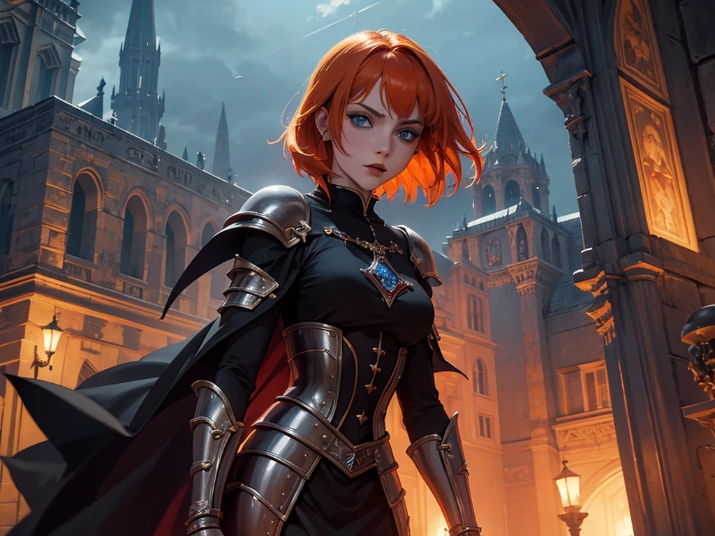 A beautiful and wonderful vampire woman, extremely detailed, short orange hair, wearing extremely detailed gothic armor, blue eyes in medieval public square, palace, crepúsculo, 8k, linda, sacerdotisa, crepúsculo, entardecer, vampira.
