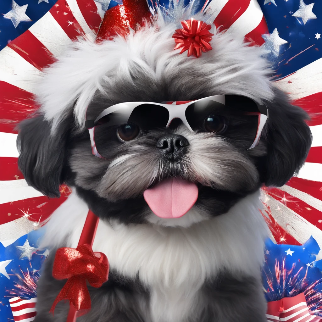 2 Adorable small black Shih Tzu puppies wearing sunglasses fourth of July picnic fireworks red white and blue background Pixar 3D cartoon