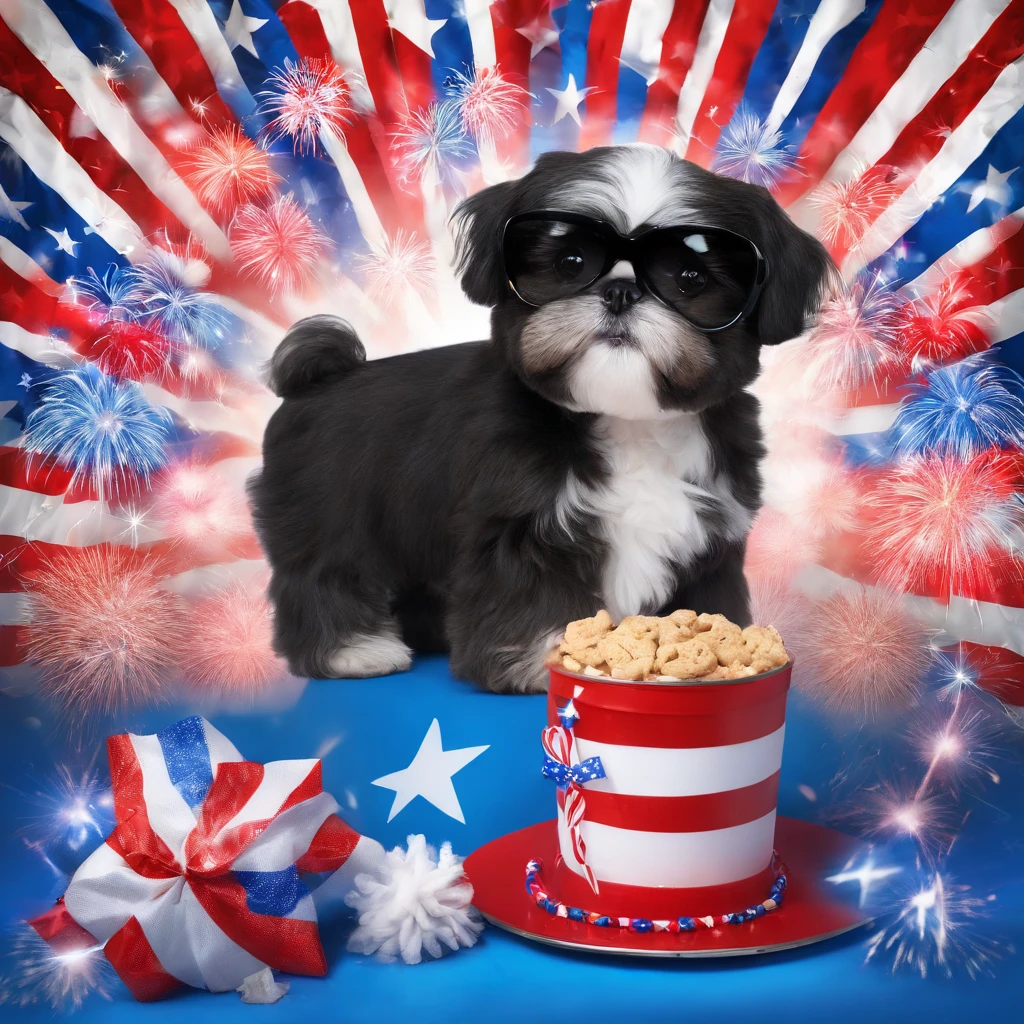 2 Adorable small black Shih Tzu puppies wearing sunglasses fourth of July picnic fireworks red white and blue background Pixar 3D cartoon