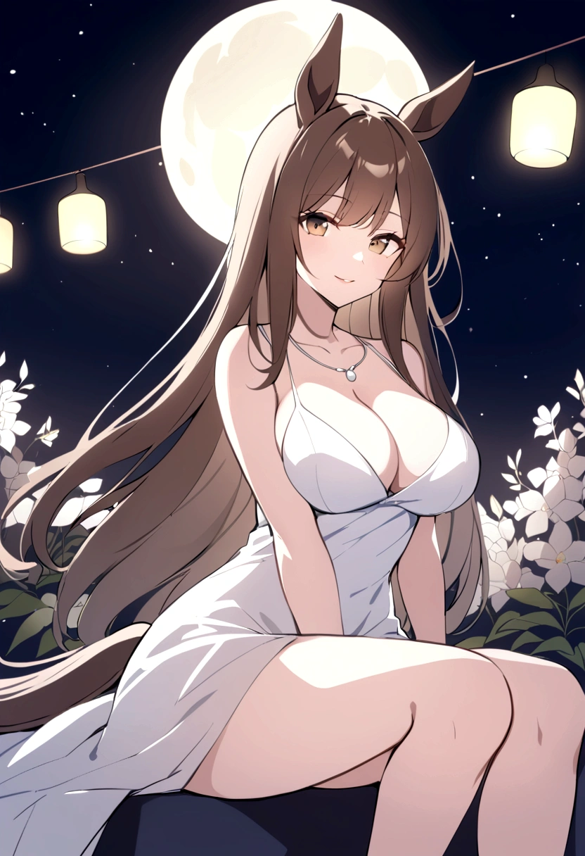 slender, mature female,1girl, breasts, flower, long_hair, brown_hair, cleavage, jewelry, moon, solo, looking_at_viewer, full_moon, night, large_breasts, sitting, bangs, bokeh, smile, bare_shoulders, lens_flare, dress, necklace, collarbone, white_dress, sketch, brown_eyes, lights, lips, black_eyes, night_sky, parted_lips, sky, eyebrows_visible_through_hair, closed_mouth, thighs, sidelocks, bare_legs, sleeveless, outdoors, animal_ears, horse_ears, horse_girl, horse_tail, 