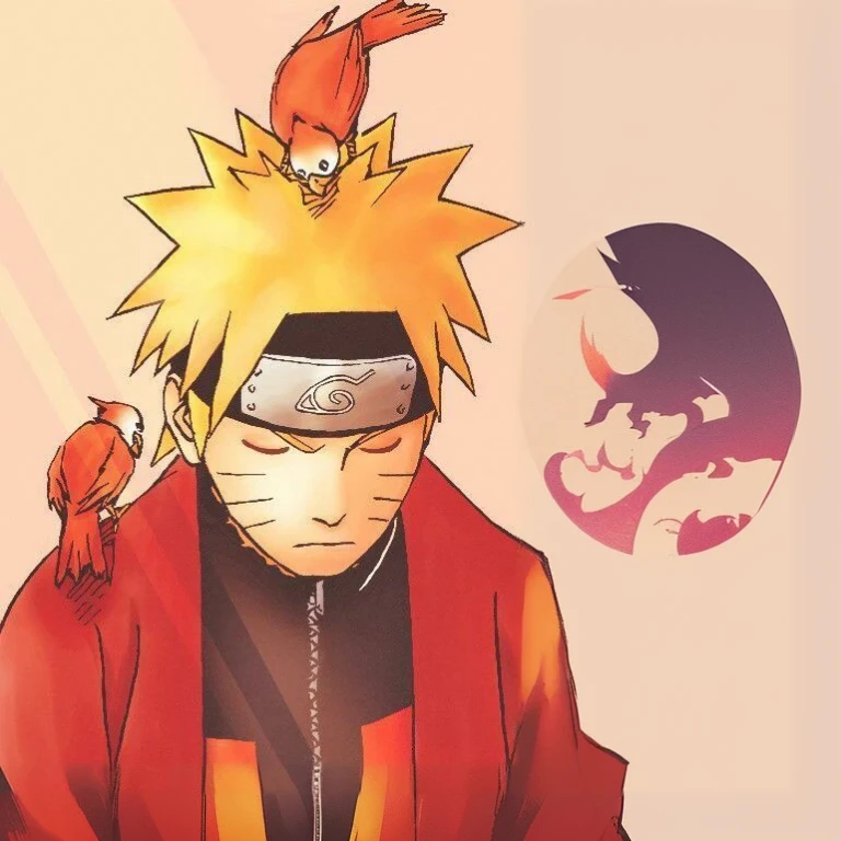 a closeup of a person with a bird on his head, estilo artístico de Naruto, Naruto Uzumaki, joker as Naruto, from Naruto, Naruto, dolor de Naruto, el bromista se parece a Naruto, Akira Akatsuki, Uzumaki, shinobi, Nine Tails, Ryuu, cheered up style”, itachi uchiha, cheered up!!!!, arte the fan, cheered up!!! Naruto Uzumaki sage mode costume is a funny charismatic character he wears an original costume and a red cape he is meditating
