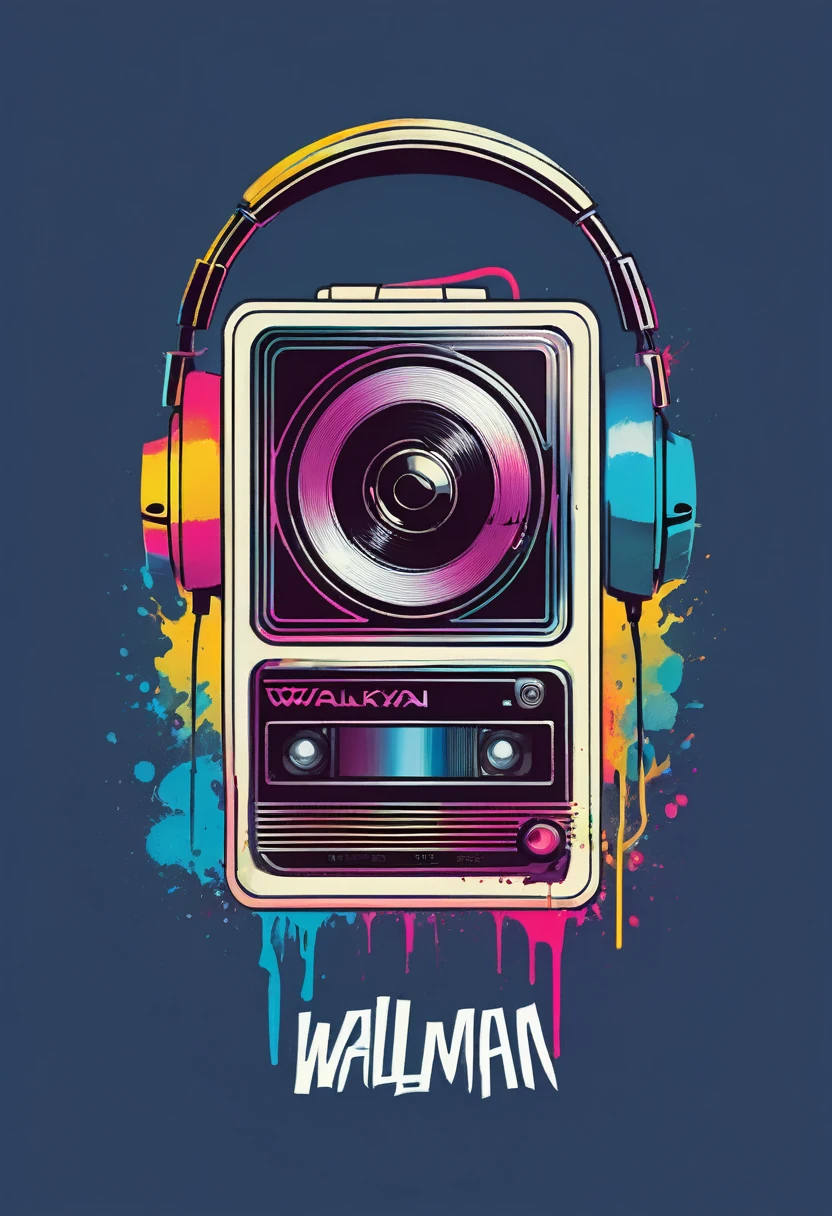 creative logo ilustration retro style of a walkman cassette player, headphone, featuring the word , digital art style by dan mumford, marc simonetti, frank frazetta, sketch, vivid colors, high definition, negative space, logo style, T-shirt design