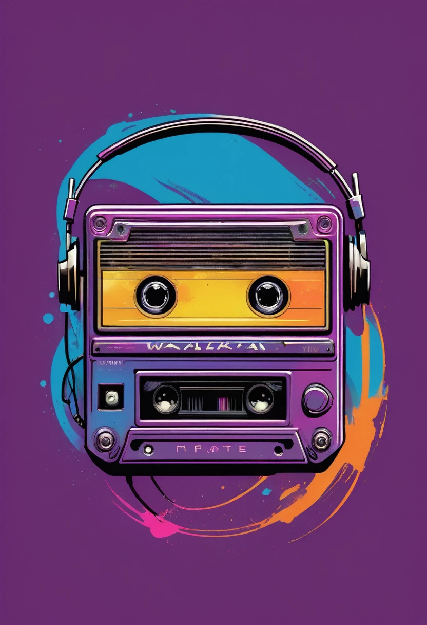 creative logo ilustration retro style of a walkman cassette player, headphone, featuring the word , digital art style by dan mumford, marc simonetti, frank frazetta, sketch, vivid colors, high definition, negative space, logo style, T-shirt design