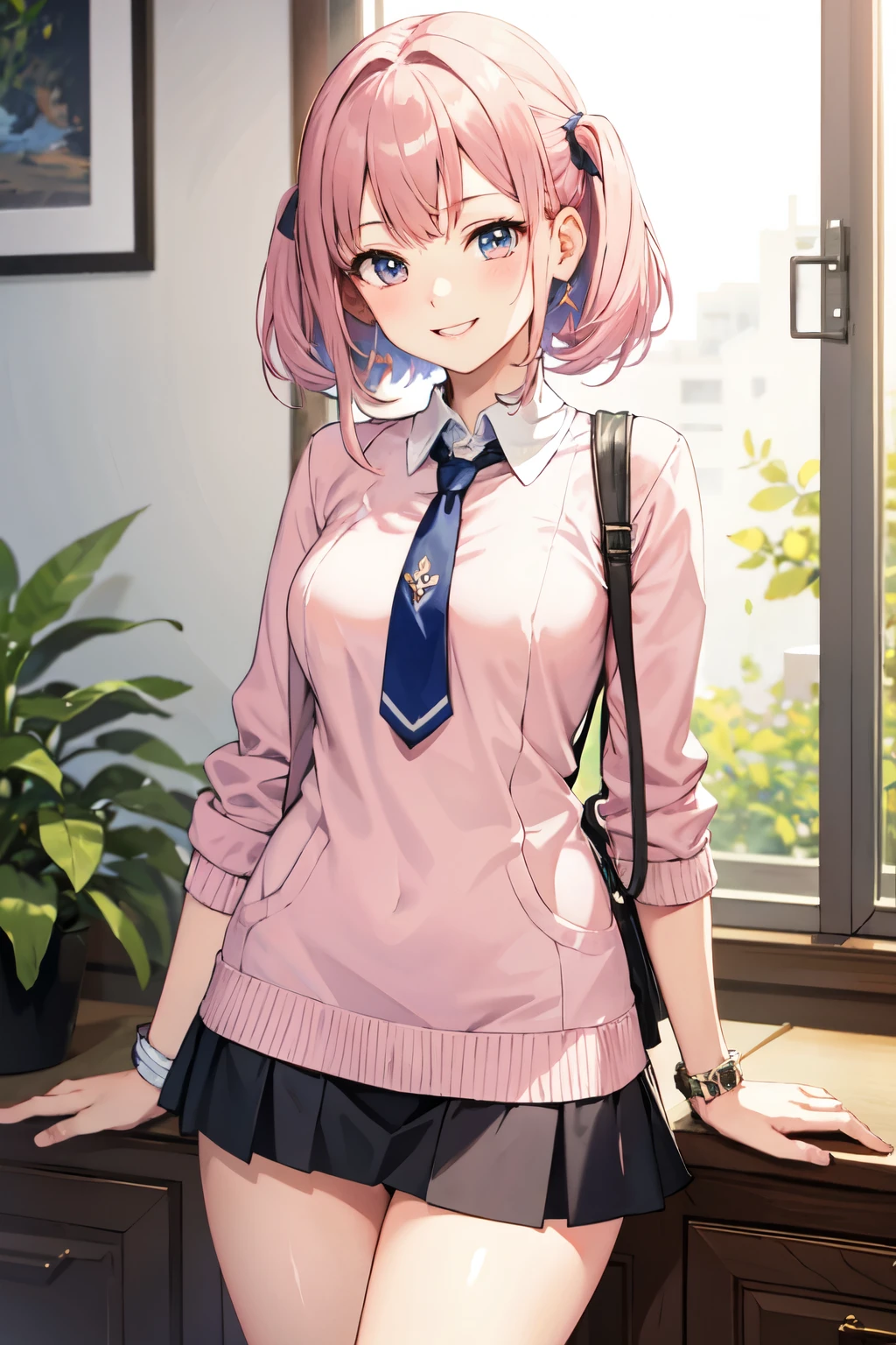 ((Highest quality)), ((masterpiece)), (detailed), high school girl,pink,Lewd ,Real,smile,gal