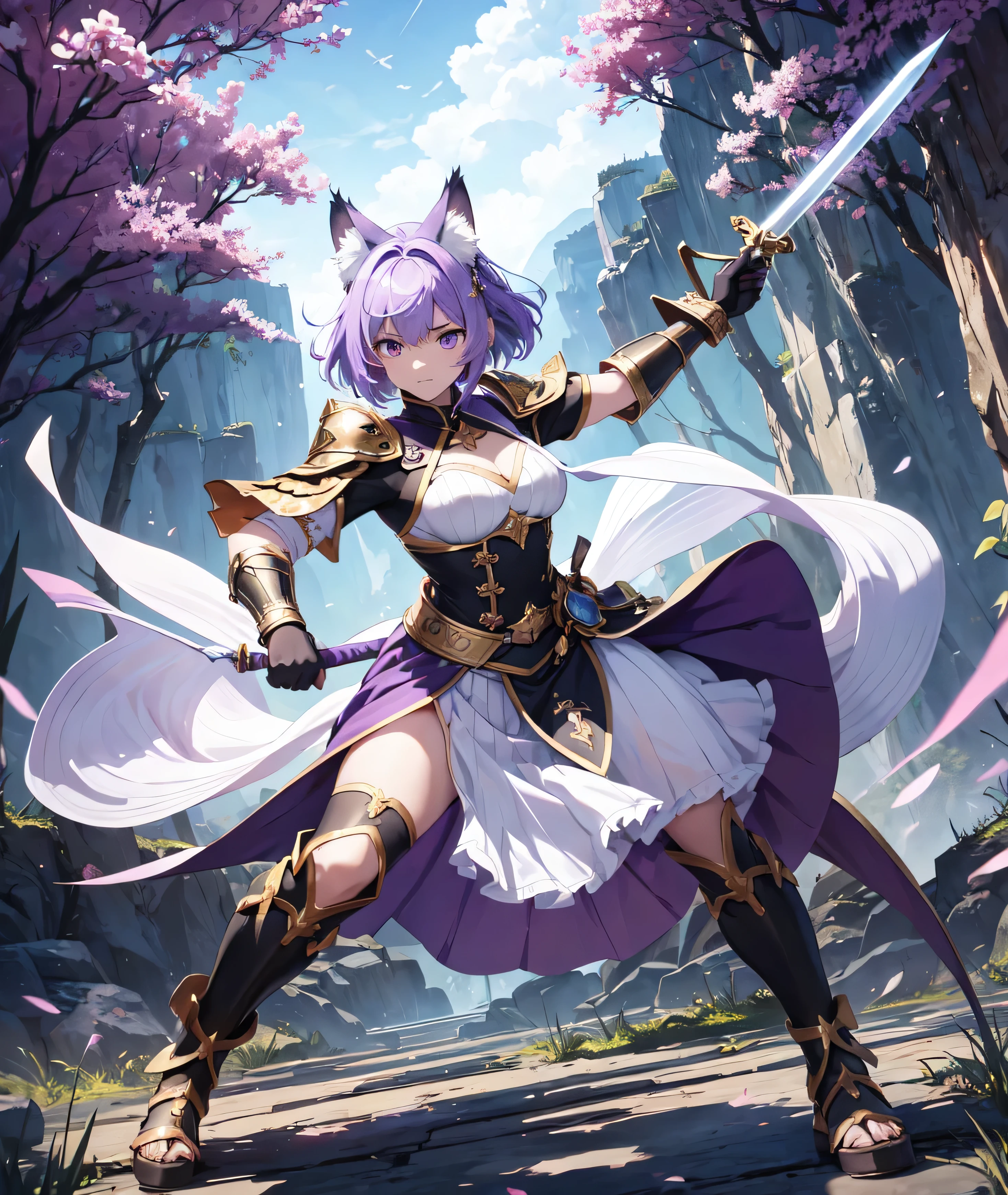 beautiful and delicate girl, clear and beautiful, Make your character the main point of view, glowing skin, female, 20 years old, Short hair, shortcut, Short hair, Beautiful and delicate glass hair, 칼을 휘두르는 female warrior 포즈, 크고 colorful swords, weapon, Attack moves to defeat enemies, full body pose, two handed sword, big knife, colorful swords ((greek costume, 2 Costume colors, white background, purple 패턴)) ((Clothes color White background, purple 패턴)) ((Double color, White, purple)) ((Use only two colors of clothing, White, purple))beautiful and delicate eyes, purple 눈, moderate chest, real skin texture, Very nice 8KCG wallpaper, Very cool 8K CG wallpaper, Watercolor (middle), female warrior, light orange hair, (((upper body cut))), (((Cat's ears dark purple))), (((dark, dark 밤, midnight))) (((nature background, mountain, wood))), ((outdoors)) Dynamic fighting stance with a sword, I can see my whole body, angle seen from a distance, Zoom out, 신foot, foot,