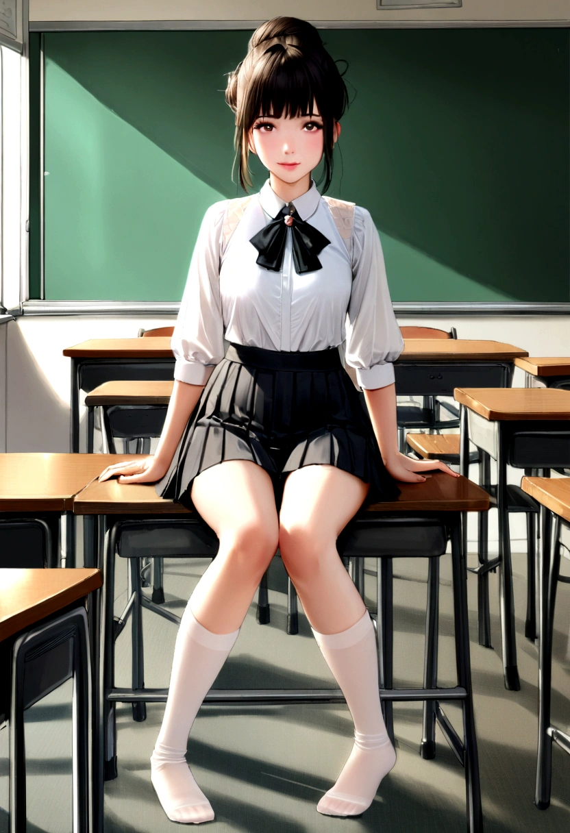 ((1 woman)), Realistic full-body photos taken from a distance), Photo of beautiful 20 year old cute Japan girl wearing (White tight crop formal shirt:1.4), And (a short skirt:1.4), Her hair was done with (messy bun), In the classroom, before the (chalk board) (without shoes or socks on)