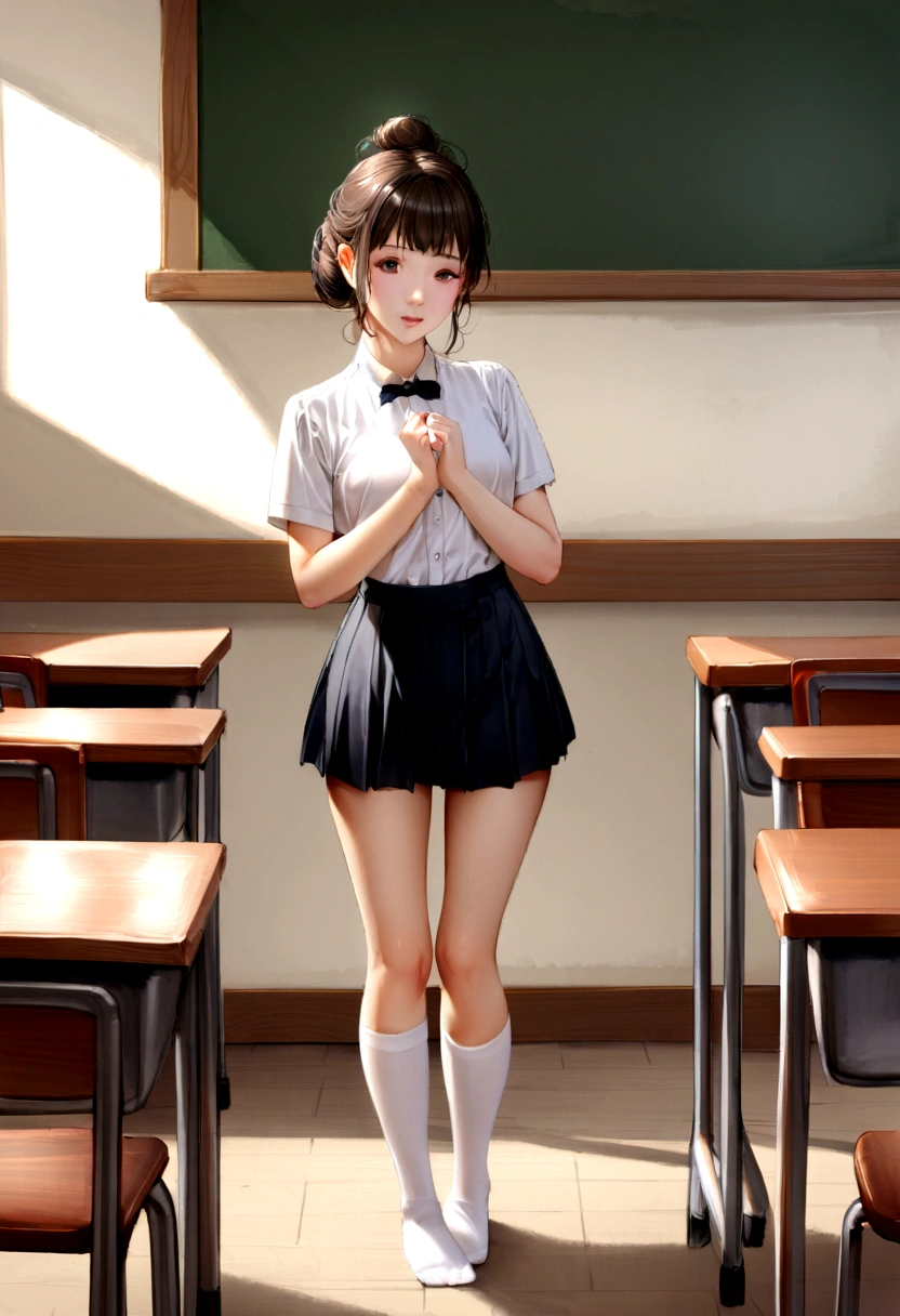 ((1 woman)), Realistic full-body photos taken from a distance), Photo of beautiful 20 year old cute Japan girl wearing (White tight crop formal shirt:1.4), And (a short skirt:1.4), Her hair was done with (messy bun), In the classroom, before the (chalk board) (without shoes or socks on)