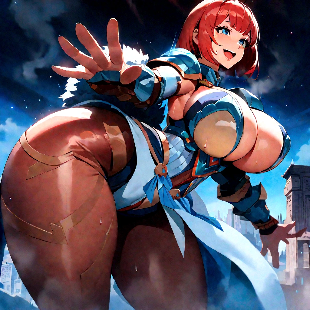 Mesa, Best Quality, high resolution, Alone, 1 girl, whole body, The description of Girls, detail hands, detail fingers, face detail, Beautiful face, leg detail, too detailed art, fine details, huge breasts, huge ass, vapor, sweat, bob cut, wavy fur, Red hair, Alone, mqmf, SMILE, armor, City, orgasm