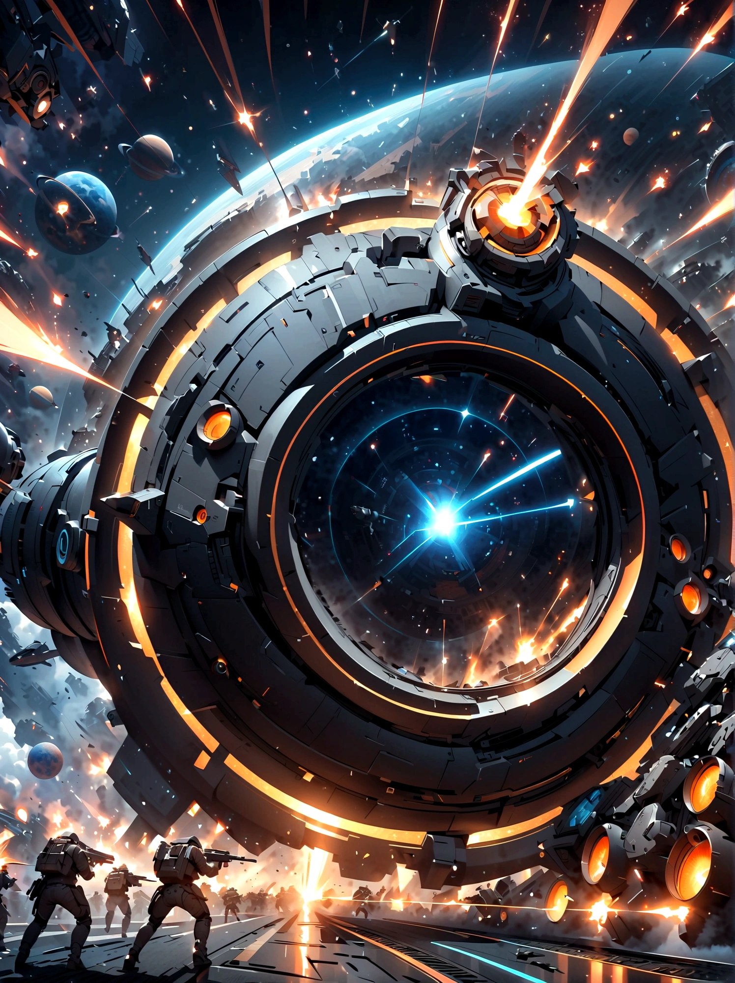 Space soldiers, locked in an intense battle aboard a mothership, defending against an incoming horde of robotic aliens. The soldiers, equipped with advanced armor and futuristic weapons, display courage and determination. Meanwhile, the robotic aliens, devoid of fear or pain, launch an unrelenting attack. Sparks fly everywhere as energy beams ricochet off the metallic interior of the ship. Through the large portholes, the endless expanse of the cosmos can be seen, planets and stars providing a stunning backdrop to this dramatic space warfare.