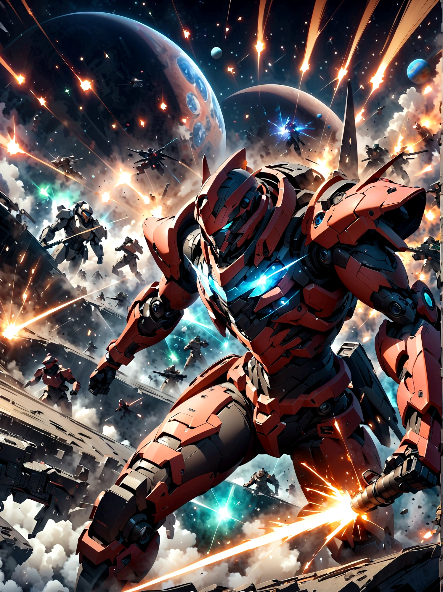 Space soldiers, locked in an intense battle aboard a mothership, defending against an incoming horde of robotic aliens. The soldiers, equipped with advanced armor and futuristic weapons, display courage and determination. Meanwhile, the robotic aliens, devoid of fear or pain, launch an unrelenting attack. Sparks fly everywhere as energy beams ricochet off the metallic interior of the ship. Through the large portholes, the endless expanse of the cosmos can be seen, planets and stars providing a stunning backdrop to this dramatic space warfare.