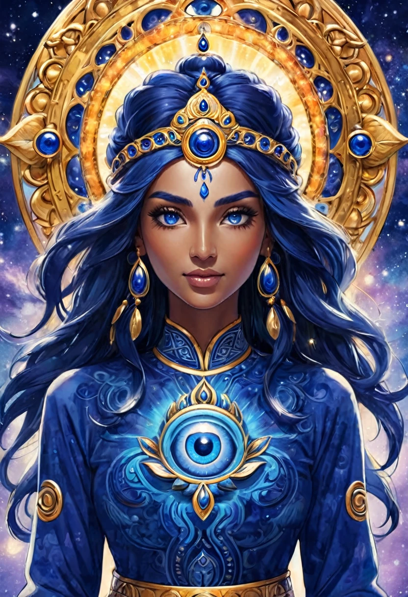 The sixth chakra shines indigo blue, the third eye on the forehead, surrounded by cosmic energy.