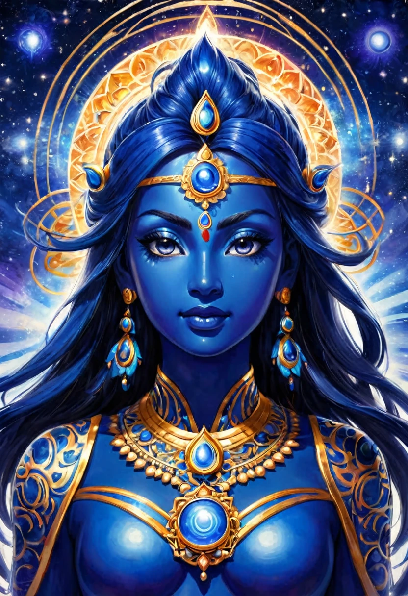 The sixth chakra shines indigo blue, the third eye on the forehead, surrounded by cosmic energy.