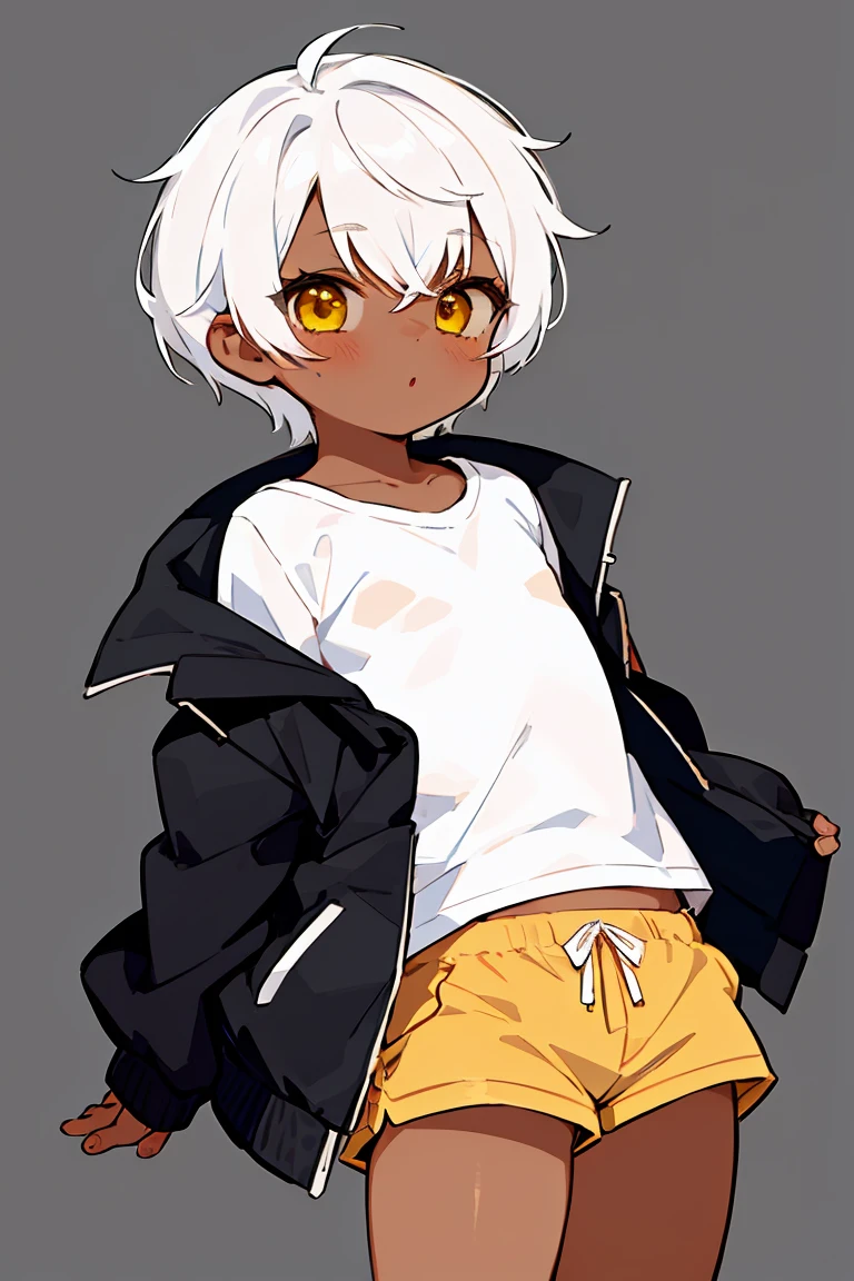1girl, tomboy, short girl, pixie cut, dark skin female, flat chest, shirt, jacket, shorts, white hair, yellow eyes