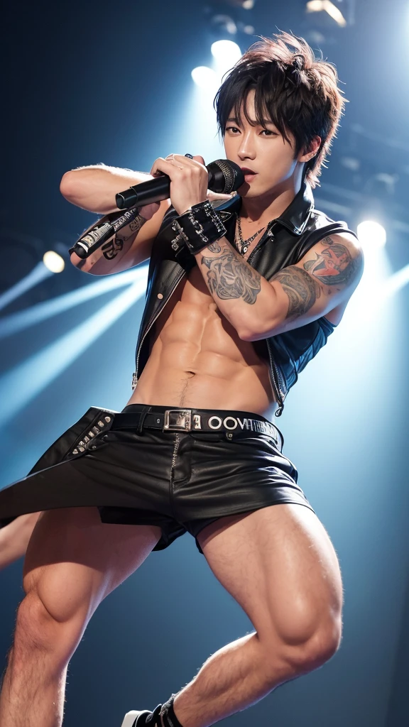 musical idol, masculine, 35 years old rockstar style, with marked abs. Great dancer. Main vocalist of the group.with short hair standing hair, dark.